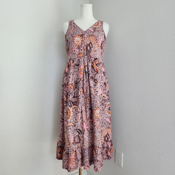 Madewell Boho Floral Thanksgiving Turkey Print Ruffle Midi Fall Dress M/L - Picture 1 of 12